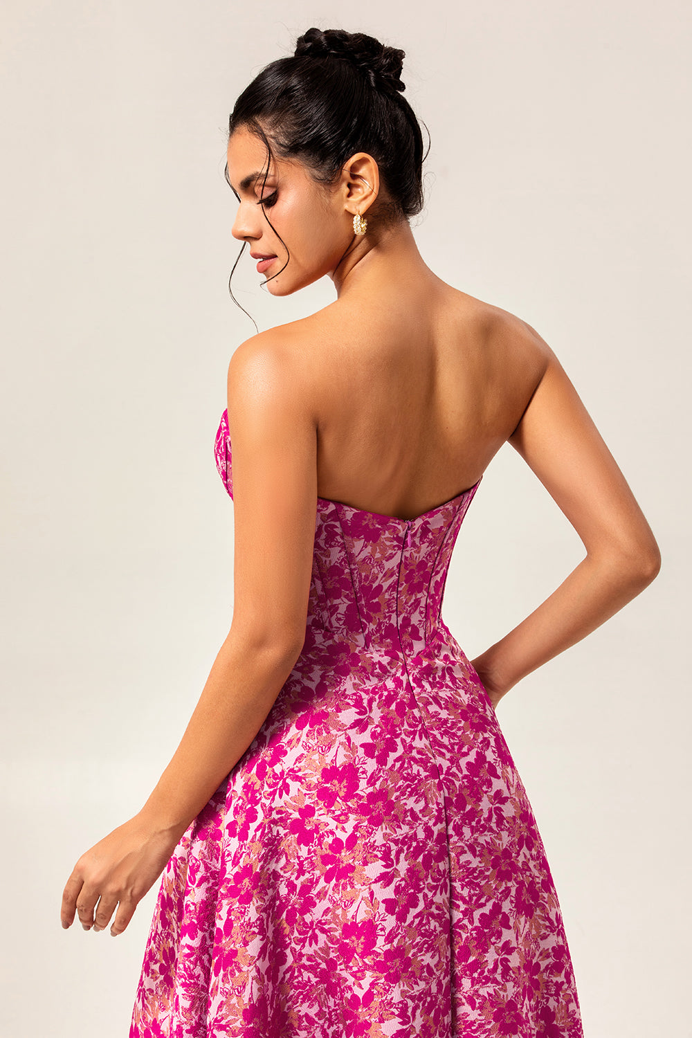 Fuchsia Floral Corset Sweetheart Long Wedding Guest Dress with Slit