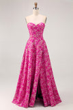 Fuchsia Floral Corset Sweetheart Long Wedding Guest Dress with Slit