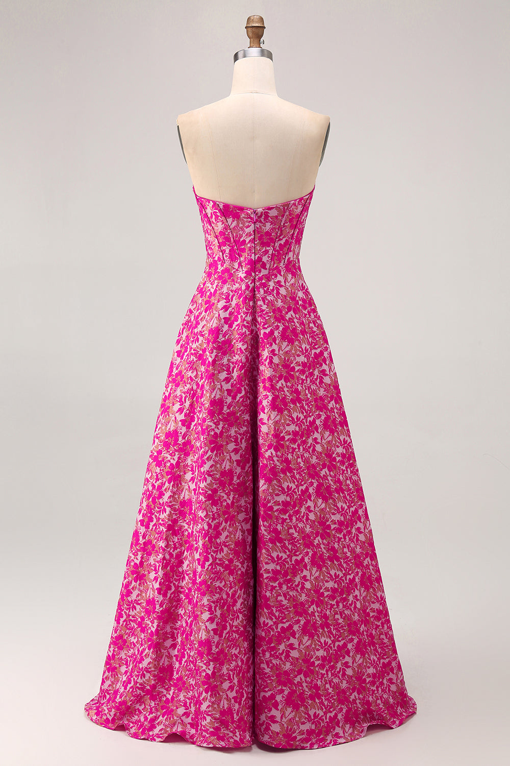 Fuchsia Floral Corset Sweetheart Long Wedding Guest Dress with Slit