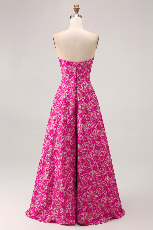 Fuchsia Floral A Line Corset Long Wedding Guest Dress with Slit