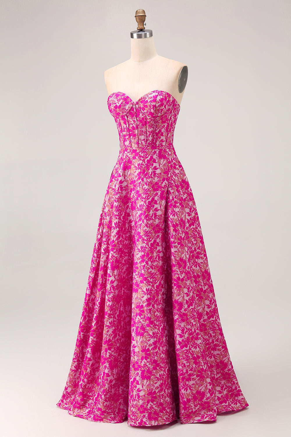 Fuchsia Floral A Line Corset Long Wedding Guest Dress with Slit