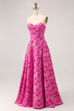 Fuchsia Floral A Line Corset Long Wedding Guest Dress with Slit