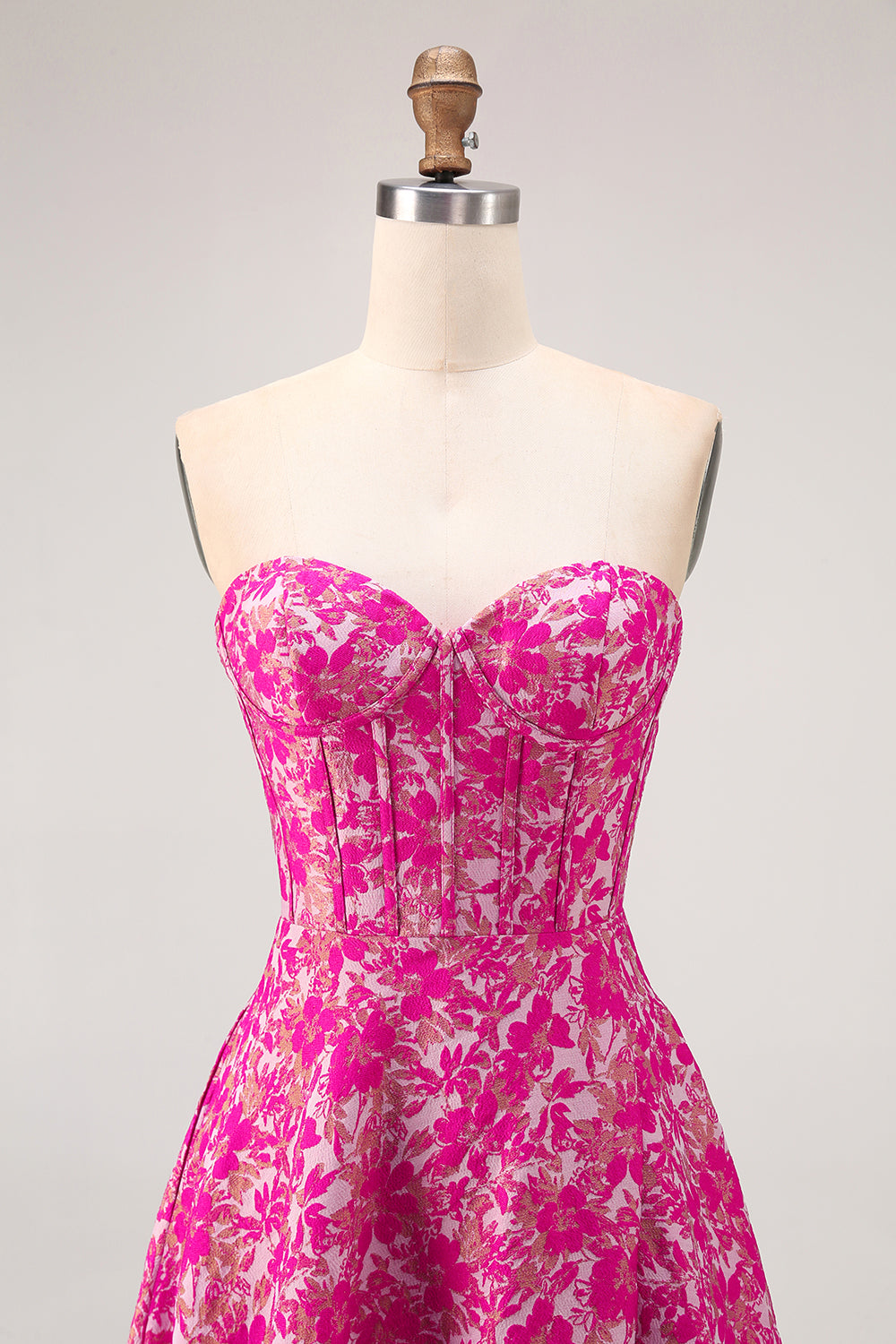 Fuchsia Floral A Line Corset Long Wedding Guest Dress with Slit