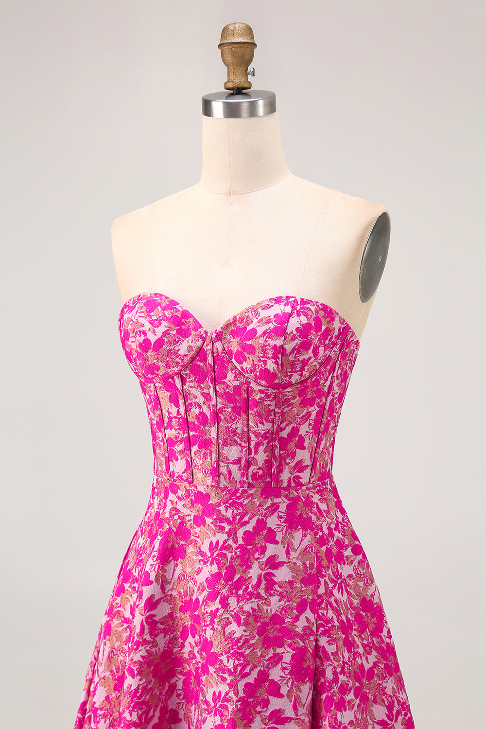 Fuchsia Floral A Line Corset Long Wedding Guest Dress with Slit
