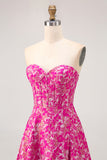 Fuchsia Floral A Line Corset Long Wedding Guest Dress with Slit