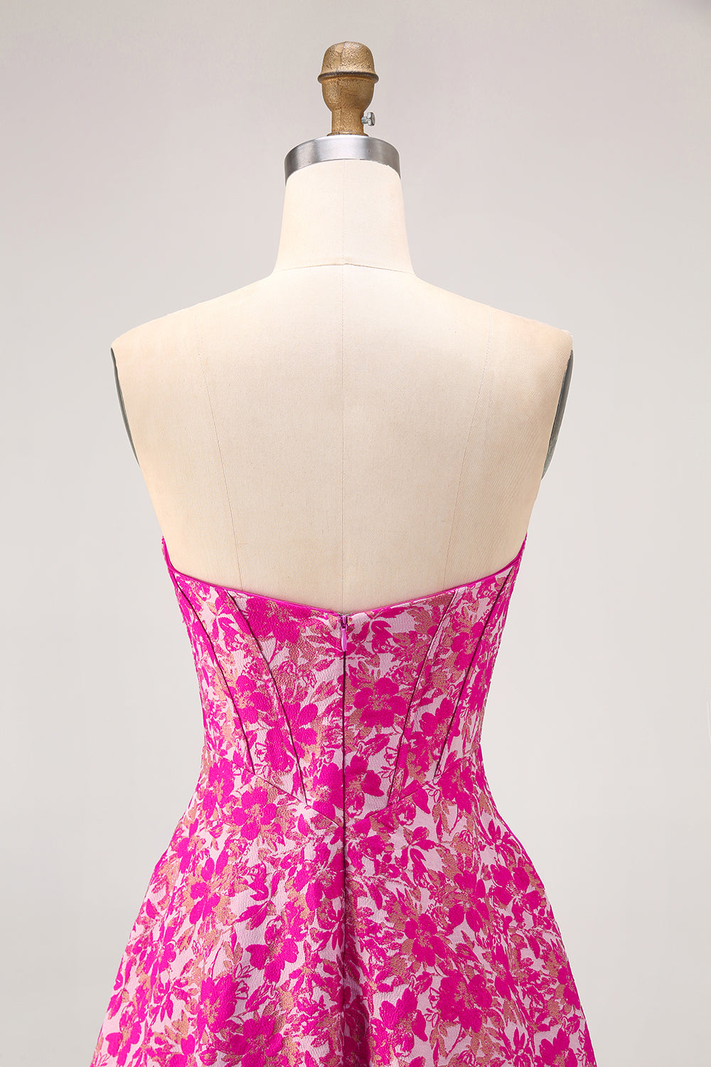 Fuchsia Floral A Line Corset Long Wedding Guest Dress with Slit