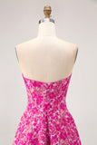 Fuchsia Floral A Line Corset Long Wedding Guest Dress with Slit