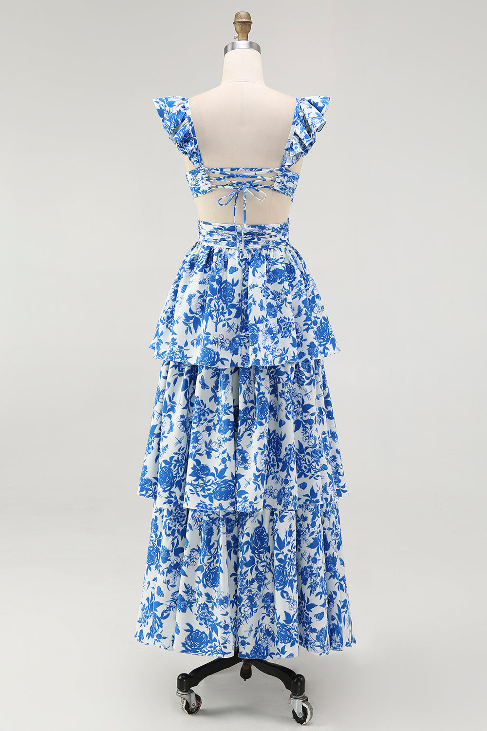 Blue V-Neck Tiered Floral Long Bridesmaid Dress with Ruffles