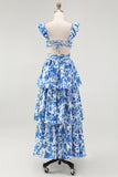 Blue V-Neck Tiered Floral Long Bridesmaid Dress with Ruffles