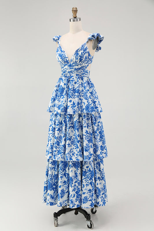 Blue V-Neck Tiered Floral Long Bridesmaid Dress with Ruffles