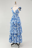 Blue V-Neck Tiered Floral Long Bridesmaid Dress with Ruffles