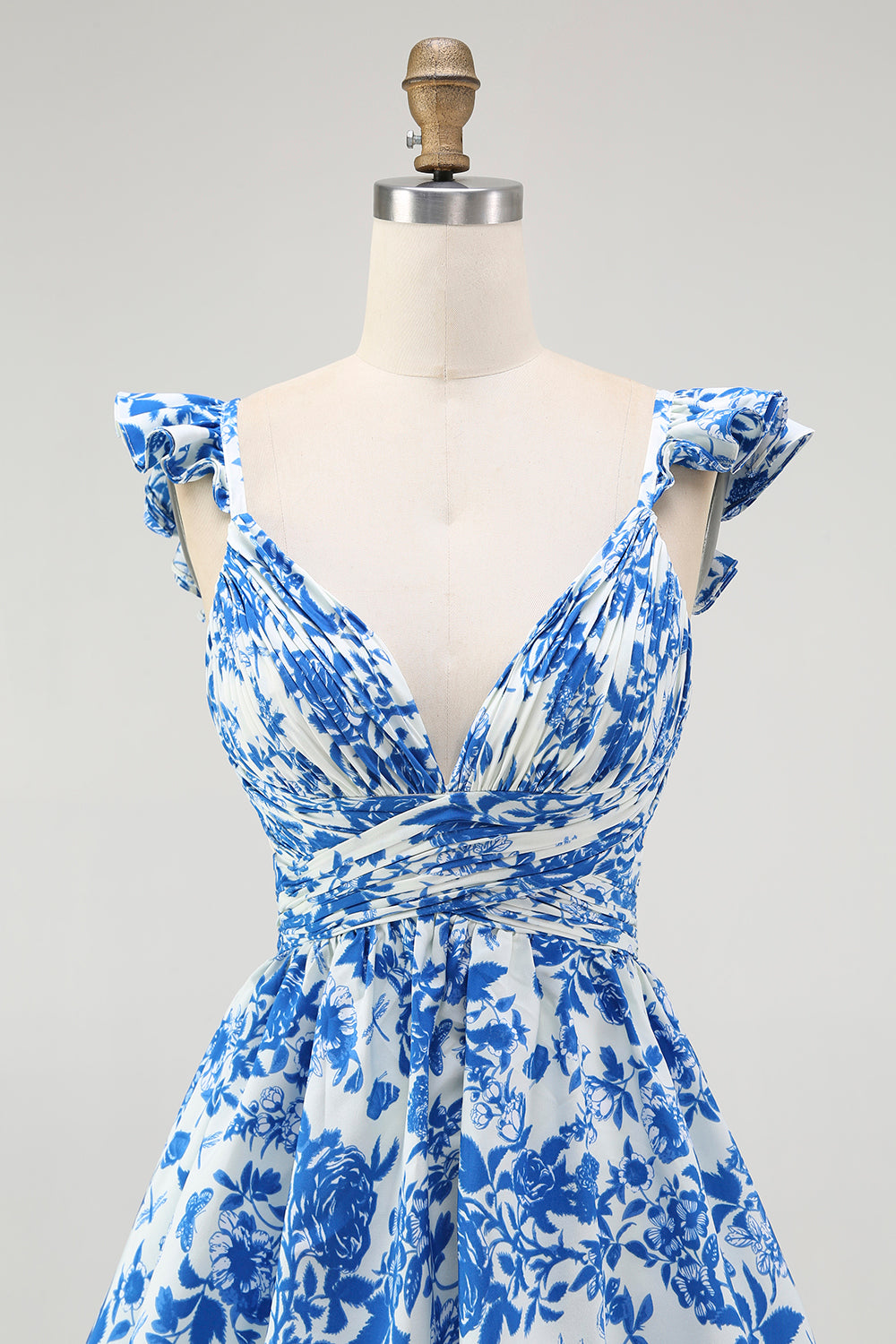 Blue V-Neck Tiered Floral Long Bridesmaid Dress with Ruffles