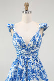 Blue V-Neck Tiered Floral Long Bridesmaid Dress with Ruffles