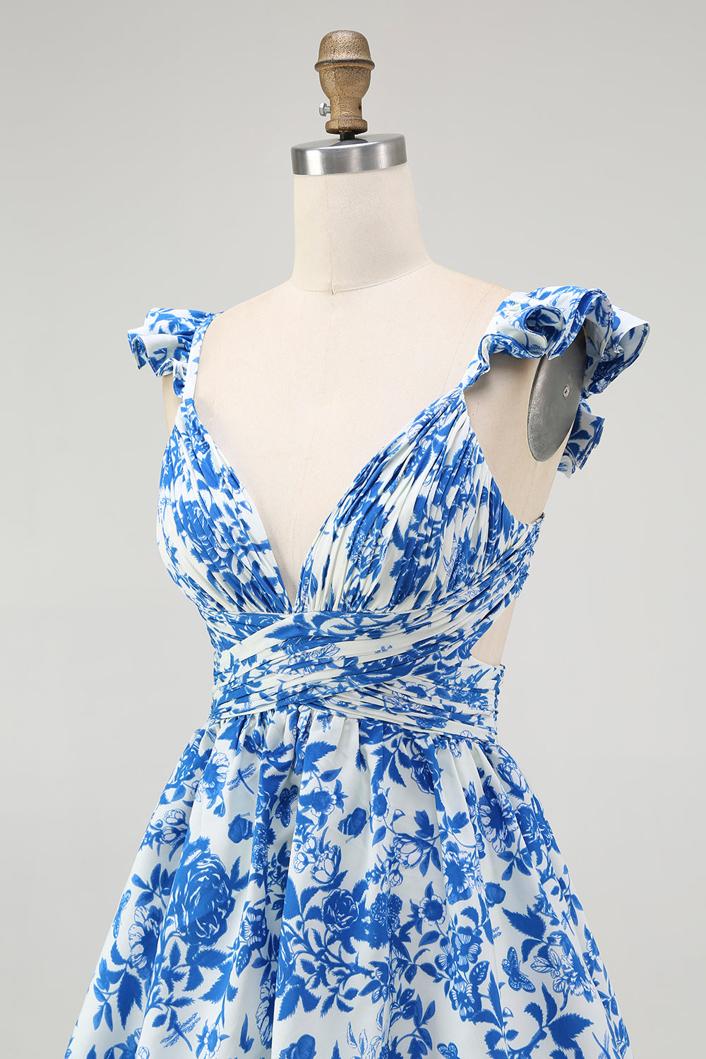 Blue V-Neck Tiered Floral Long Bridesmaid Dress with Ruffles
