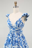 Blue V-Neck Tiered Floral Long Bridesmaid Dress with Ruffles