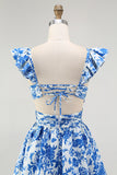 Blue V-Neck Tiered Floral Long Bridesmaid Dress with Ruffles