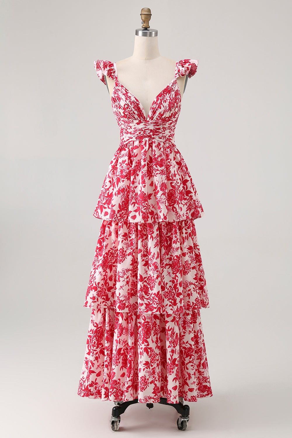 Blue V-Neck Tiered Floral Long Bridesmaid Dress with Ruffles