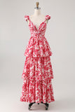 Blue V-Neck Tiered Floral Long Bridesmaid Dress with Ruffles