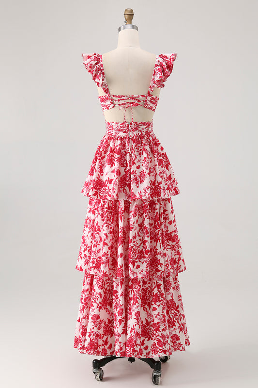 Red Floral V-Neck Tiered Long Bridesmaid Dress with Ruffles