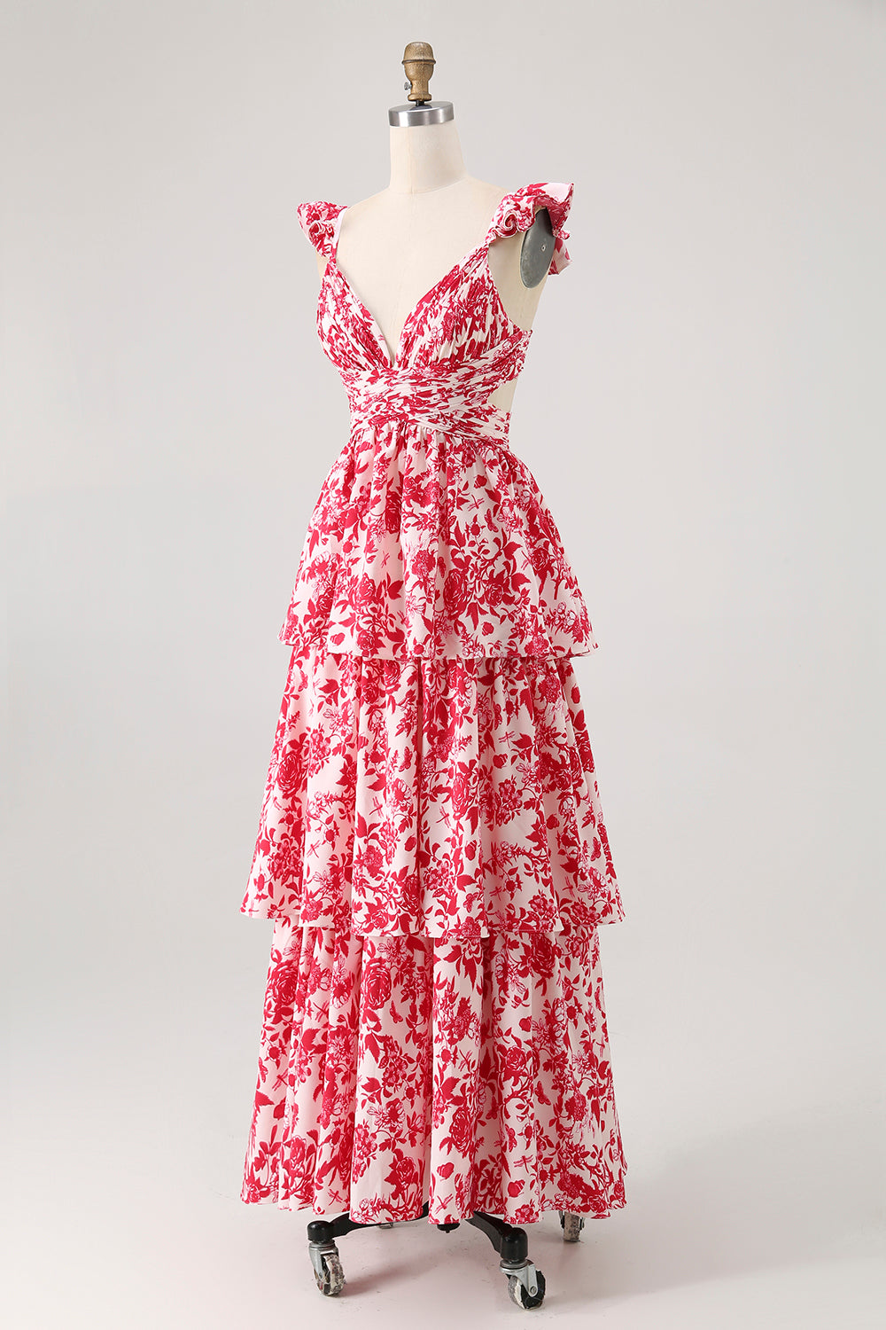 Blue V-Neck Tiered Floral Long Bridesmaid Dress with Ruffles