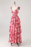 Blue V-Neck Tiered Floral Long Bridesmaid Dress with Ruffles