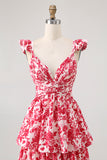 Blue V-Neck Tiered Floral Long Bridesmaid Dress with Ruffles