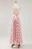 Blush Floral Pleated Chiffon A Line Long Wedding Guest Dress with Bow