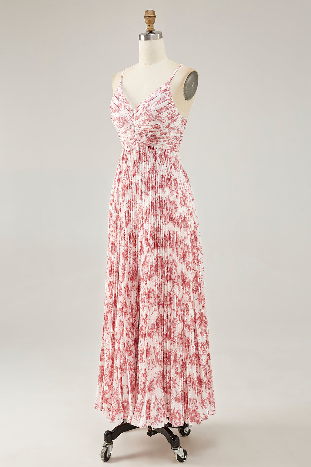 Blush Floral Pleated Chiffon A Line Long Wedding Guest Dress with Bow