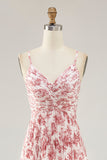 Blush Floral Pleated Chiffon A Line Long Wedding Guest Dress with Bow