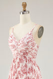 Blush Floral Pleated Chiffon A Line Long Wedding Guest Dress with Bow