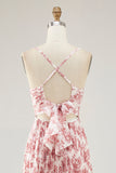 Blush Floral Pleated Chiffon A Line Long Wedding Guest Dress with Bow