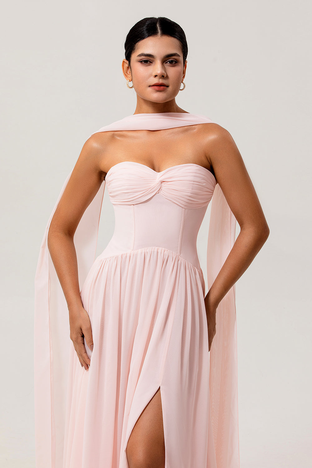 Blush Chiffon Corset Neck Scarf Long Bridesmaid Dress with Slit