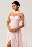Blush Chiffon Corset Neck Scarf Long Bridesmaid Dress with Slit