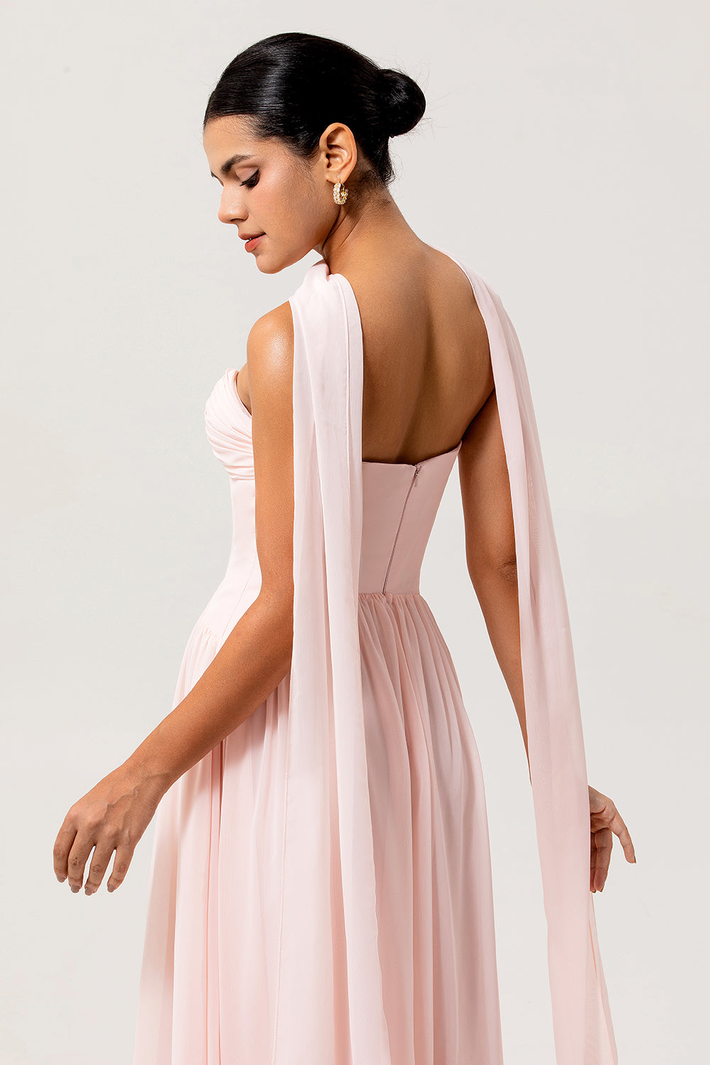 Blush Chiffon Corset Neck Scarf Long Bridesmaid Dress with Slit