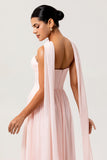 Blush Chiffon Corset Neck Scarf Long Bridesmaid Dress with Slit