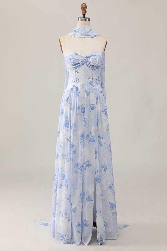 Blue Floral Corset Neck Scarf Long Wedding Guest Dress with Slit