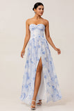 Blue Corset Floral Neck Scarf Long Wedding Guest Dress with Slit