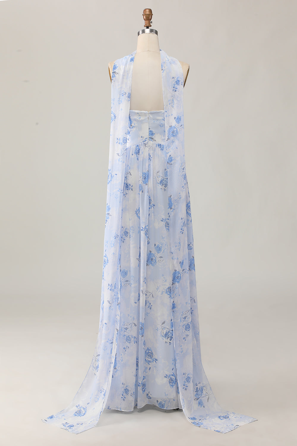Blue Corset Floral Neck Scarf Long Wedding Guest Dress with Slit