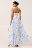 Blue Corset Floral Neck Scarf Long Wedding Guest Dress with Slit