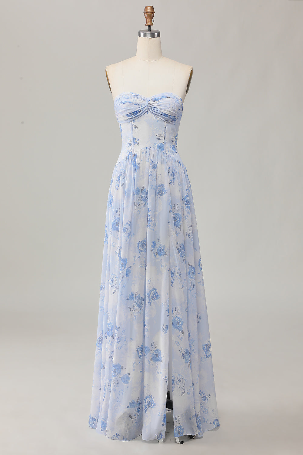 Blue Corset Floral Neck Scarf Long Wedding Guest Dress with Slit