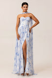 Blue Corset Floral Neck Scarf Long Wedding Guest Dress with Slit