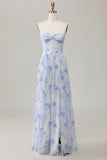 Blue Corset Floral Neck Scarf Long Wedding Guest Dress with Slit