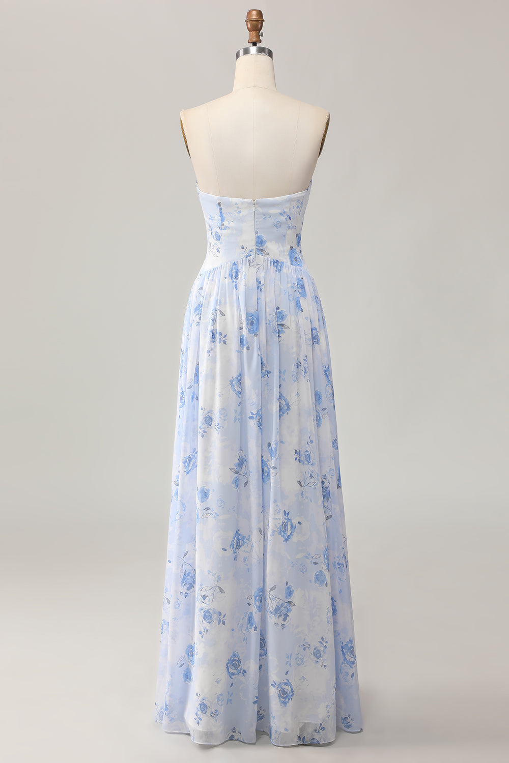 Blue Corset Floral Neck Scarf Long Wedding Guest Dress with Slit