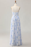 Blue Corset Floral Neck Scarf Long Wedding Guest Dress with Slit