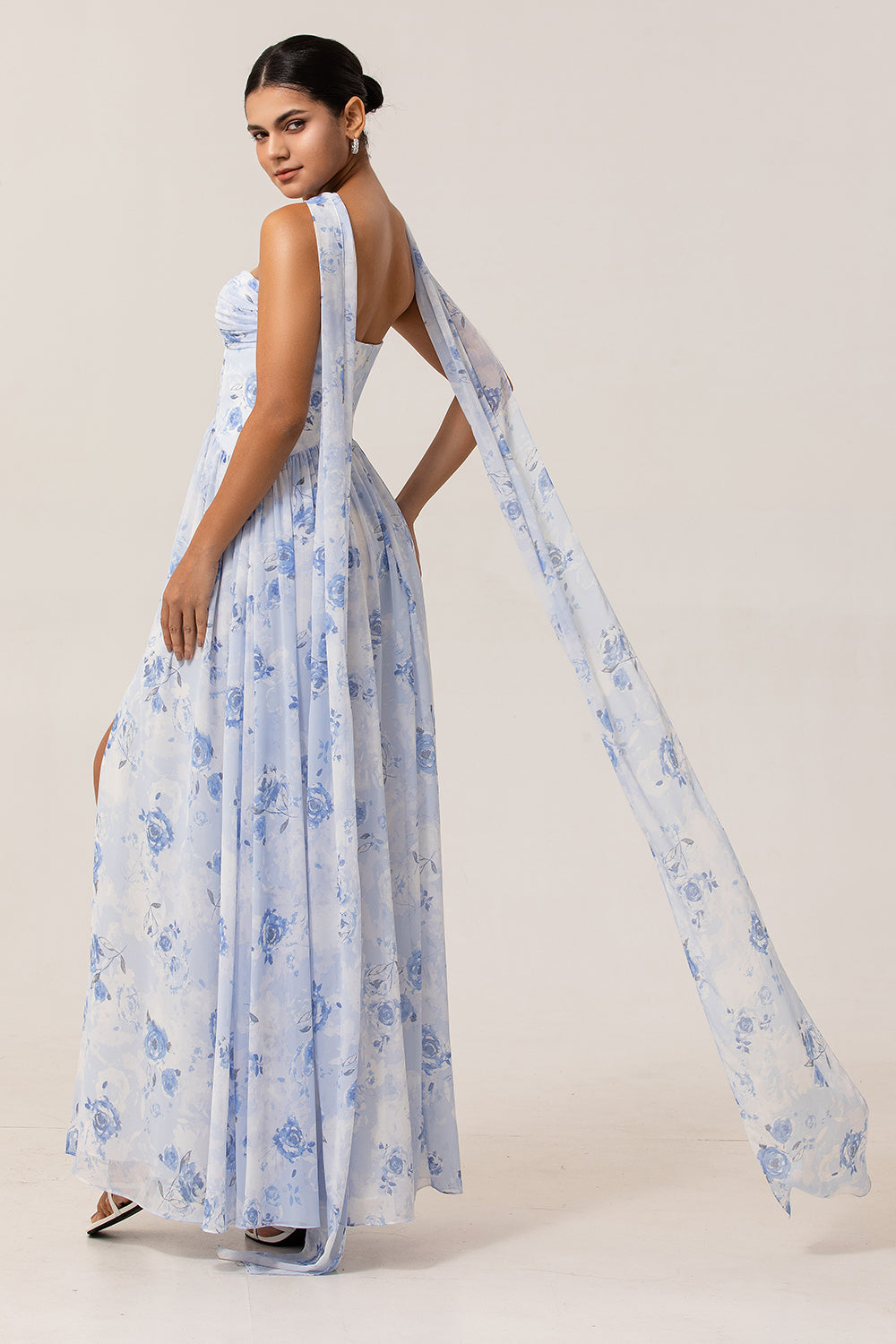 Blue Floral Corset Neck Scarf Long Wedding Guest Dress with Slit Blue Floral Corset Neck Scarf Long Wedding Guest Dress with Slit