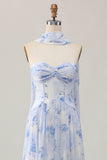 Dusty Rose Floral Corset Neck Scarf Long Wedding Guest Dress with Slit