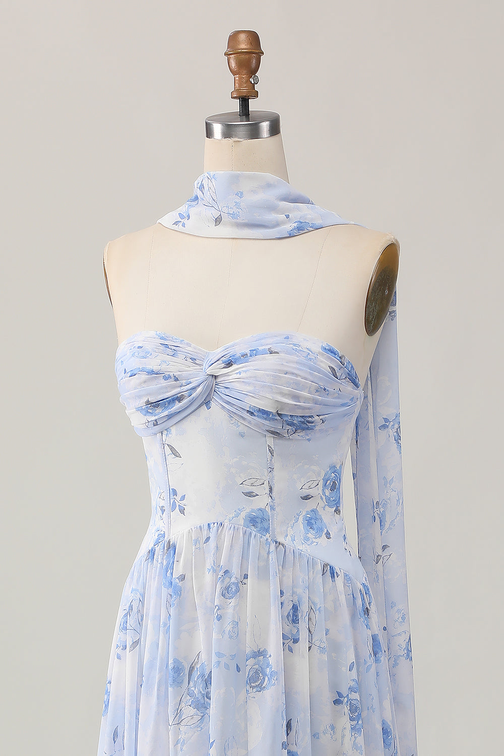 Dusty Rose Floral Corset Neck Scarf Long Wedding Guest Dress with Slit