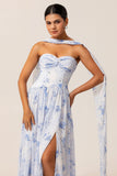 Blue Corset Floral Neck Scarf Long Wedding Guest Dress with Slit