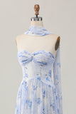 Dusty Rose Floral Corset Neck Scarf Long Wedding Guest Dress with Slit