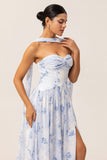 Blue Corset Floral Neck Scarf Long Wedding Guest Dress with Slit